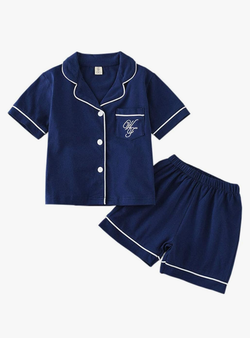 JWWN Toddler Boys Girls Summer Pajamas Short Set Baby Button Down Sleepwear, Little Kids Sleep Shirt & Shorts 2Pcs PJ Set Dark Blue, 4-5T