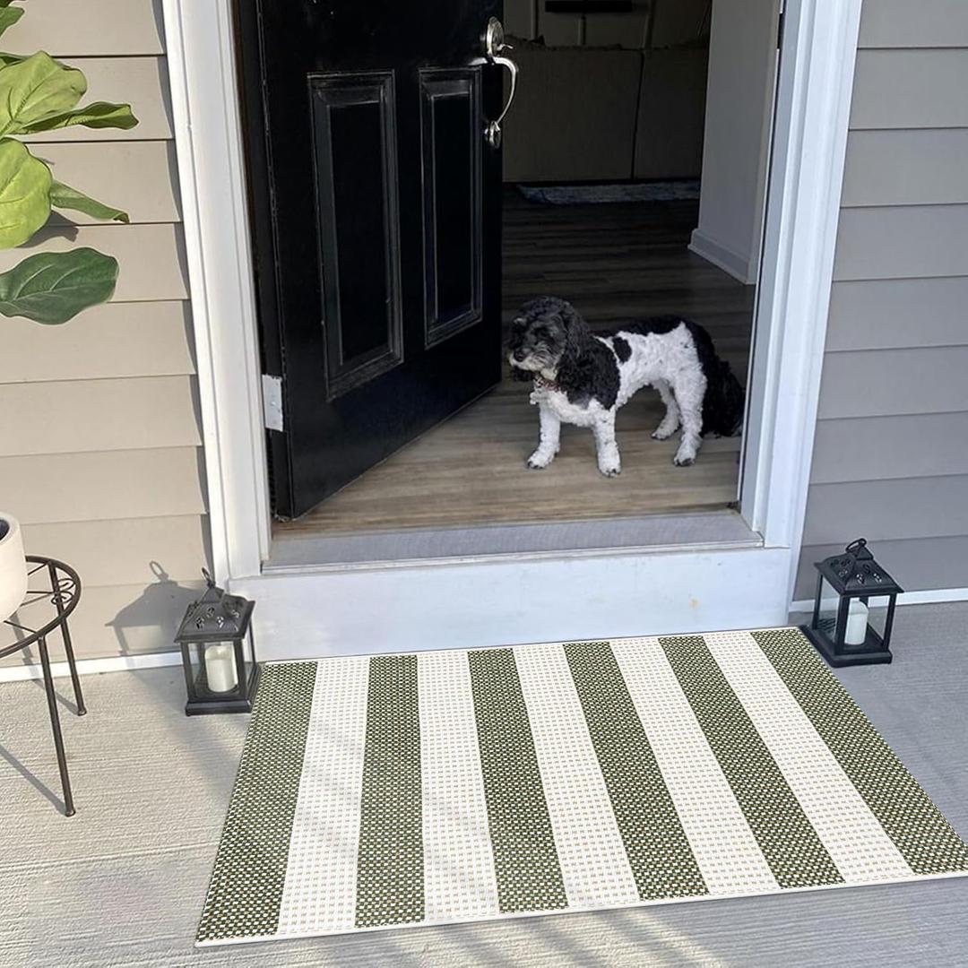 LEEVAN Door Mat Outdoor Entrance 24''x35'', Washable Striped Front Porch Rug, Green and White Buffalo Welcome Mat, Spring Outside Entryway Rugs, Cotton Woven Indoor Outdoor Layered Doormats