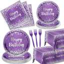 Purple and Silver Plates and Napkins Party Supplies, Purple Glitter Sliver Birthday Party Tableware Purple Dessert Plates Napkins Tablecloth Forks for Girl Women Birthday Supplies, Serve 20