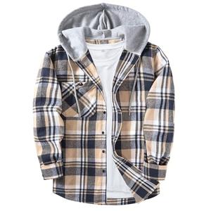 ZITY Men's Flannel Hoodie Shirts Casual Button Down Plaid Shirt Jackets for Men Long Sleeve Stylish Hooded with Pocket Navybeigewhite Medium