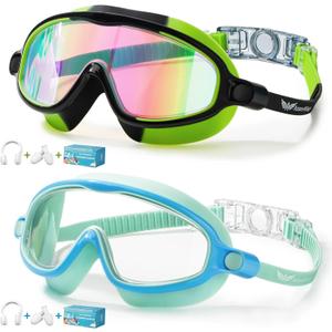 2 Pack Swim Goggles for Kids, No Leak Anti-Fog Anti-UV Swimming Goggles for Boys Girls Children 4-14 (Camo Mir-black & Blue Green)