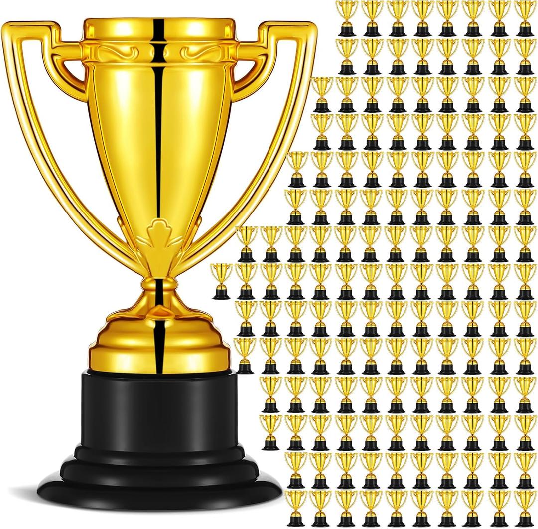 Inbagi 100 Pack Mini Gold Trophies Bulk for Kids Small Plastic Trophy Awards Cup 3.54'' for Classroom School Rewards Sports Tournament Competition Winning Prizes Party Favor
