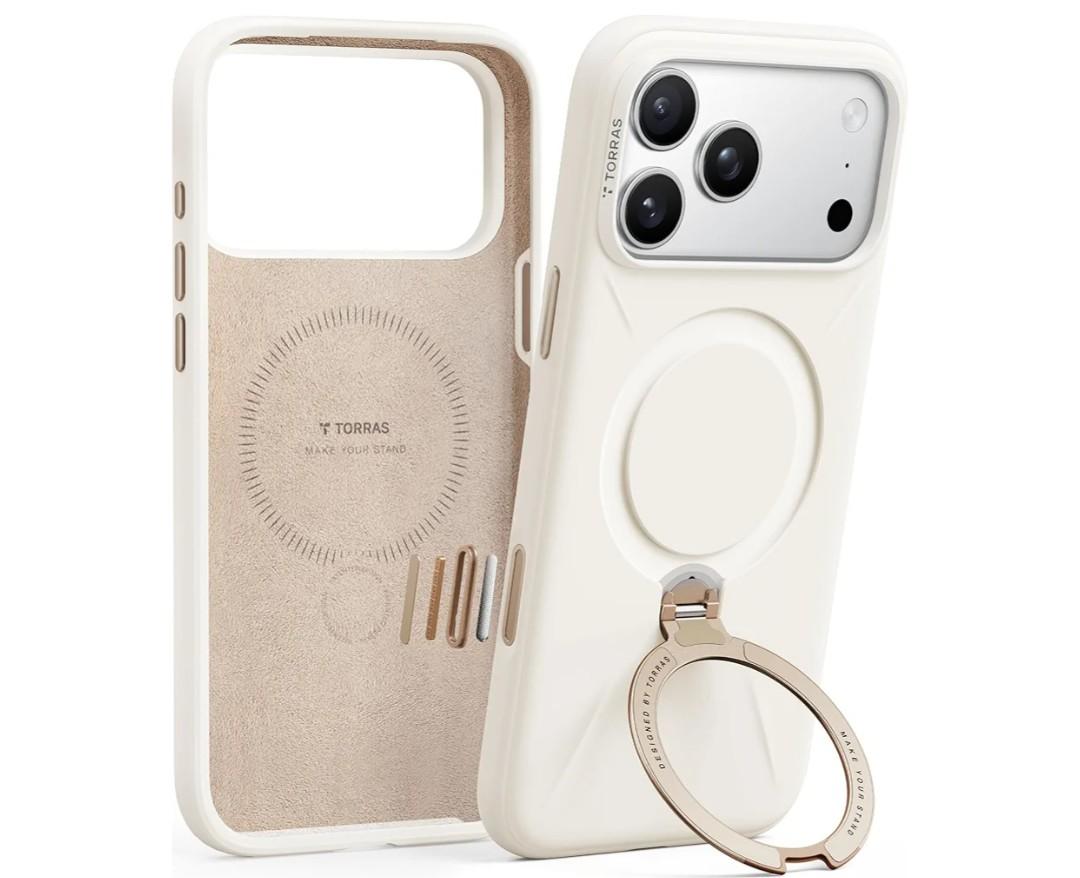 TORRAS Q3 Silicone 360 Spin for iPhone 17 Pro Case with Stand, Fit for MagSafe, Magnetic Ring Kickstand with Camera Control, Liquid Silicone Rubber Soft Phone Case for iPhone 17 Pro 6.3'', Light Ivory