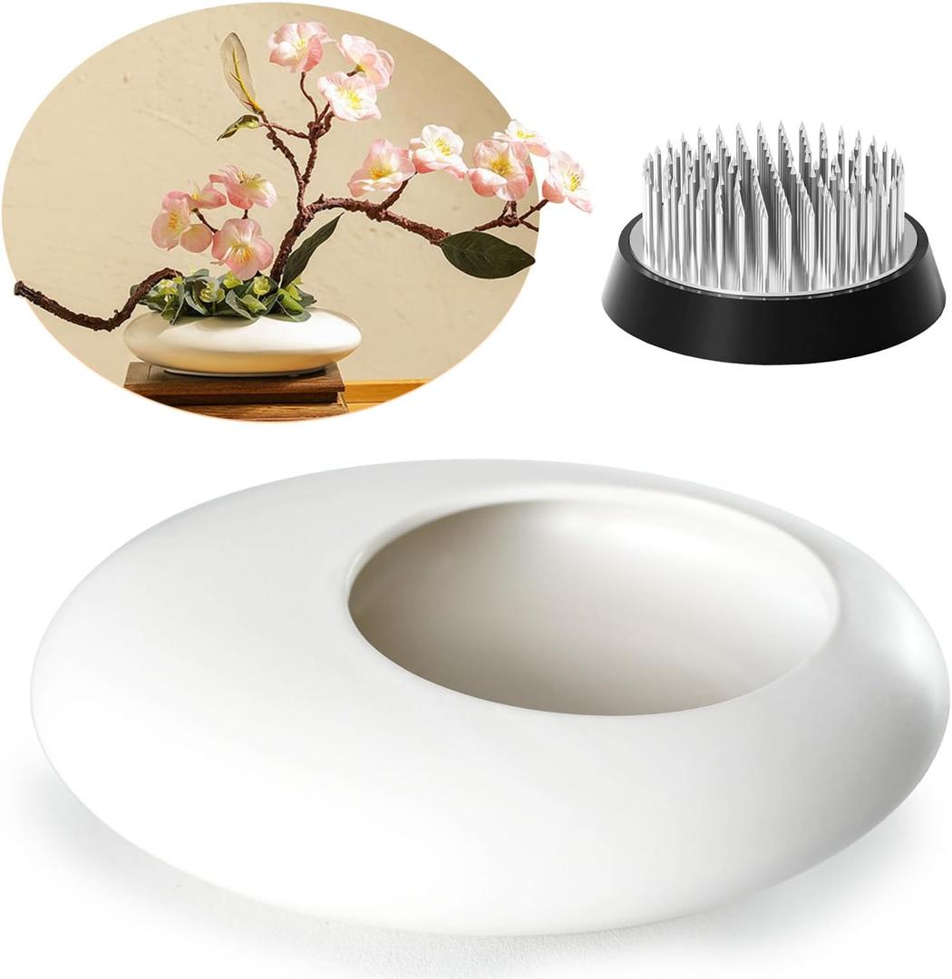 Japanese Inspired Ceramic Vase Ikebana kit, Pebble Shaped Flower Arrangement Bowl with 2inch Flower Frog Pin Frog Flower Stems Holder (White)