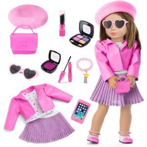 American 18 Inch Doll Makeup Accessories And Clothes,Tote Bag Set For 18" Dolls Include Berets Outfits Sunglasses Phone Eye Shadow Lipstick Blusher Bracelets Eyelash Brush Toy Stuff(No Doll And Shoes)