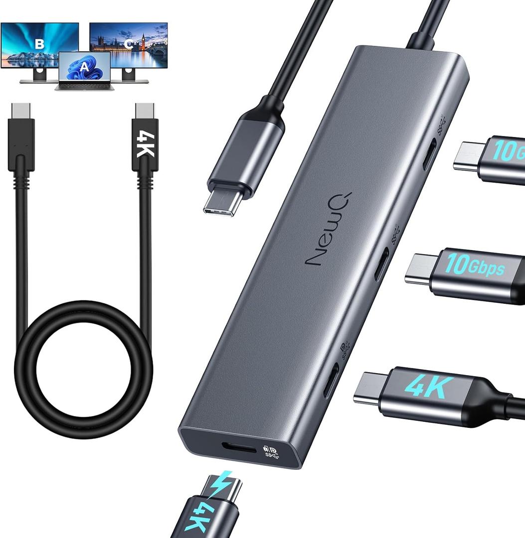 USB C Video Splitter for USBC PD Monitor, Portable Screen, Type C Monitors, 4-Port USB-C 3.2 Gen 2 10Gbps Hub, DP Alt 4K@30-60Hz, 100W PD, for Win/Chrome Laptop, AR Glasses, Game Console