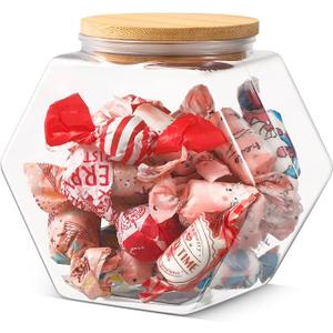 Pickmesh 70 oz Hexagonal Plastic Candy Jar with Airtight Bamboo Lid Hexagon Cookie Jars Clear Containers for Kitchen Storage Snacks, Dog Food, Coffee Pod, Laundry Pod