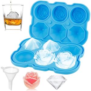 Ice Cube Tray, Mikiwon 2 inch Rose Ice Cube Trays With Covers, 3 Cavity Silicone Rose Ice Tray & 3 Diamond Ice Ball Maker, Easy Release Large Ice Cube Form for Chilled Cocktails, Whiskey Juice (Blue)