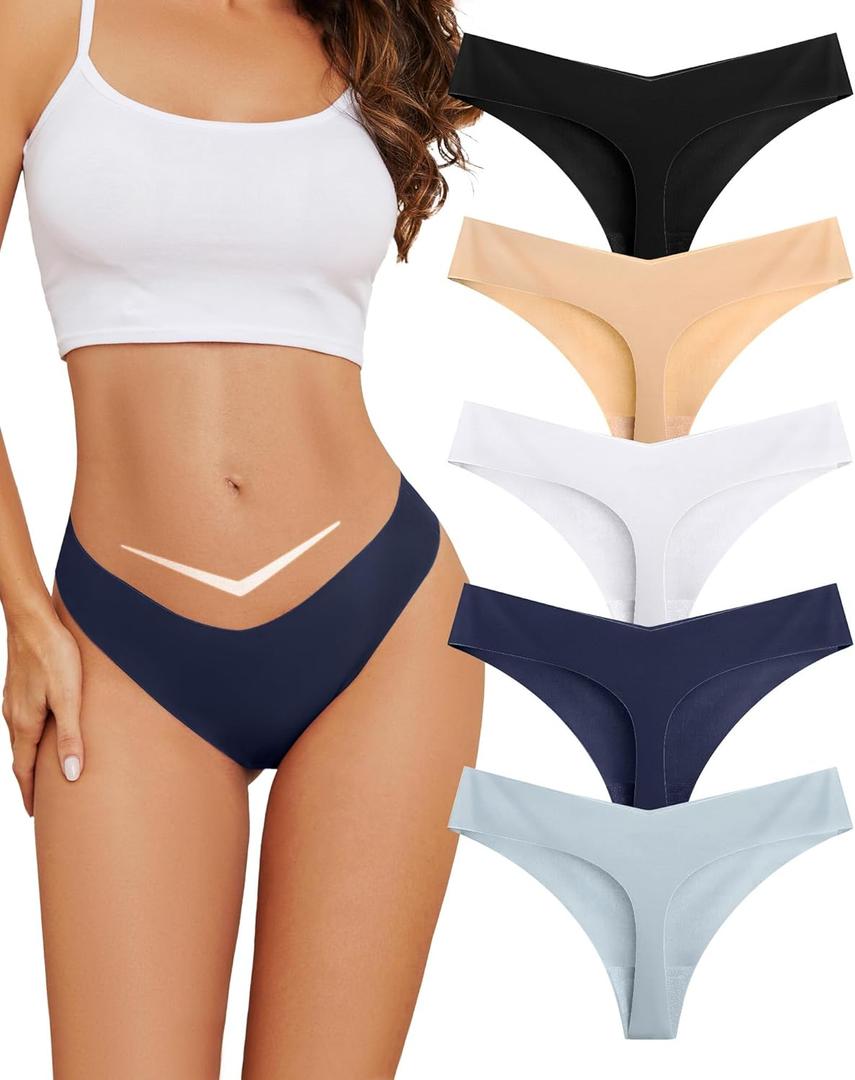 voenxe Seamless Thongs for Women,No Show Ladies Underwear,Invisible Comfortable Panties,Low Rise Gym Workout Undies,5 Pack (Medium, Basic)