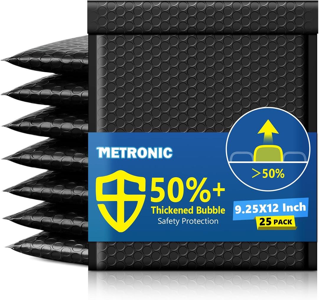 Metronic Extra Deep Bubble Mailers Usable Size 8.5x11" 25 Pack Padded Envelopes 9.25x12" Opaque Self Seal Adhesive Waterproof bubble envelopes Shipping Bag for Books,DVD,Small Business,Black,#2