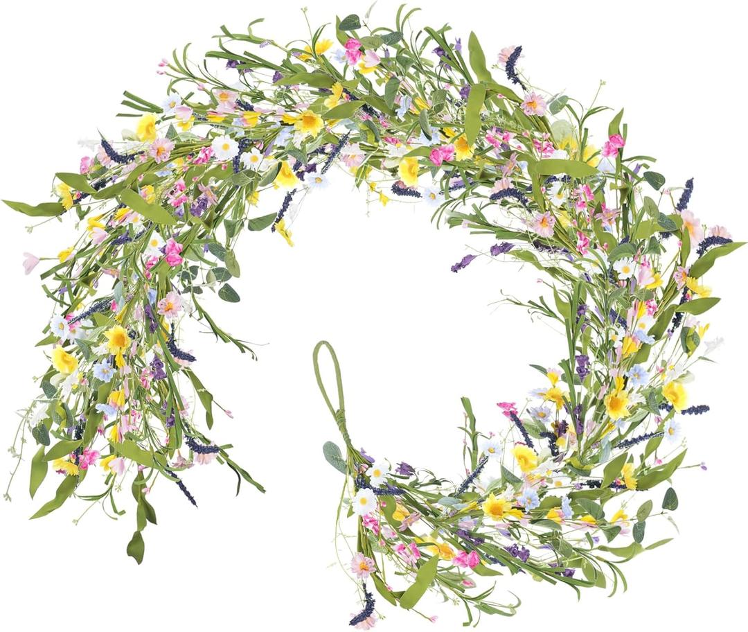 HUAESIN 6FT Flower Garland Artificial, Faux Daisy and Lavender Flower Garland Hanging Vinse Summer Spring Floral Fake Garland for Baby Shower Wedding Mantle Fireplace Table Centerpiece Decor (Colorful)