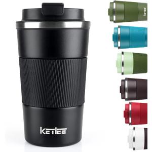 KETIEE Travel Mug 12oz, Vacuum Insulated Coffee Mug with Leakproof Lid, Travel Coffee Tumbler Stainless Steel Double Walled Reusable Coffee Cup for Hot and Iced Water (Black)
