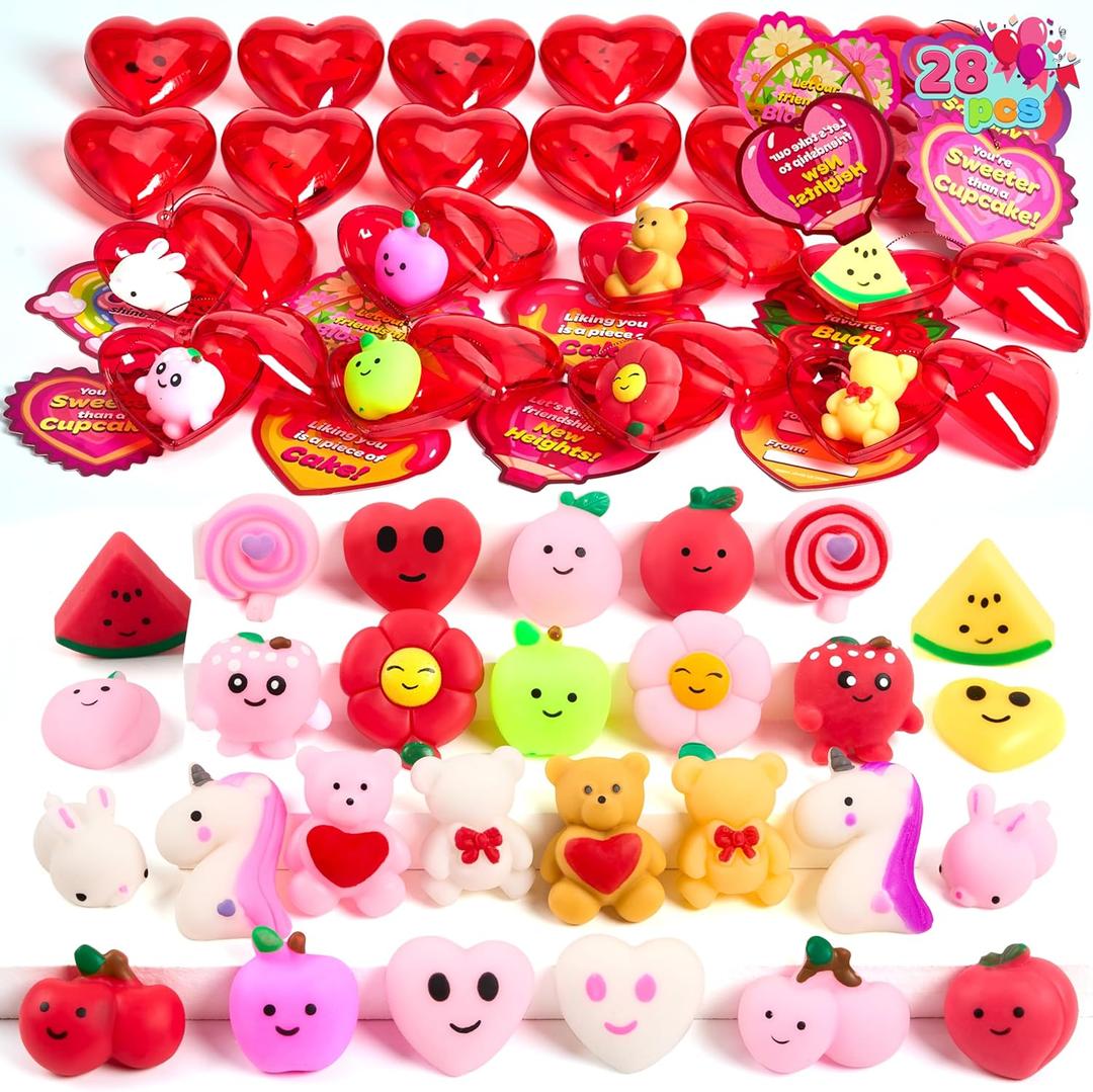 JOYIN 28 Packs Valentine's Day Heart Gift Cards with Mochi Squishy Toys and Heart Shells, Stress Relief Fidget Toys, Cute Miniature Novelty Toy for Kids Valentines Party Favors and School Exchange
