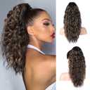 REECHO Ponytail Extension, 18 Inch Claw Clip Ponytail Extension Curly Wavy Pony Tails Hair Extensions Synthetic Hairpiece for Women Daily, Chocolate Brown with Highlights