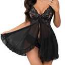 Foxiny Petite Sexy Open Front Ruffle Sheer Mesh Lace Wireless Babydoll Lingerie Dress with Thong 2 Piece Women Panty Set Chemise Negligee Nighty Ruched See Through Black X-Small