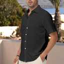 Mens Linen Shirts Short Sleeve Button Down Regular Fit Shirts Casual Vacation Beach Summer Hawaiian Tops (Black, M)