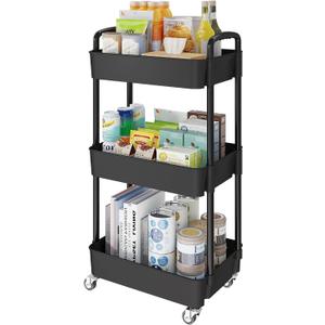 Laiensia 3-Tier Storage Carts Multifunction Utility Rolling Cart Kitchen Storage Organizer, Mobile Shelving Unit Cart with Lockable Wheels for Bathroom, Laundry, Living Room, With Classified Sticker, Black