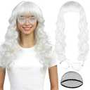 PLULON White Wave Wig with Heart Sunglasses for Women, Colorful Funny Long Curly Wigs with Bangs Neon Synthetic Wavy Hair Cosplay Hairpieces for Fancy Dress Drag Queen Bachelorette Theme Party