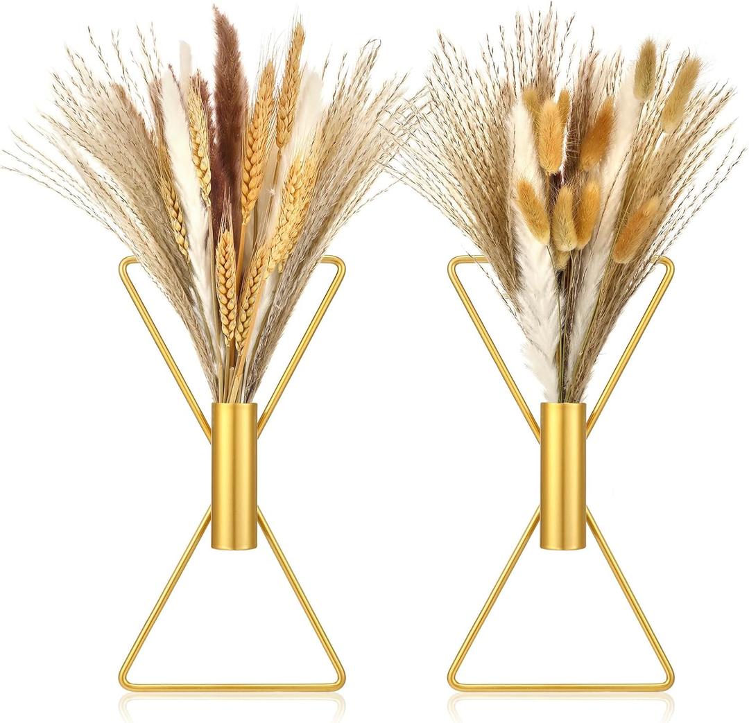 Peryiter 2 Pcs Boho Wall Decor Metal Wall Art x Shaped Hanging Planters with Artificial Pampas Modern Home Decor for Bedroom Bathroom Living Room(Gold)