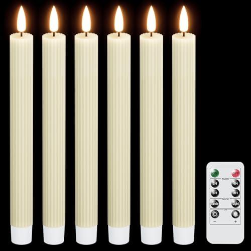 DRomance Ivory Flameless Flickering Taper Candles Battery Operated with Remote and Timer 6 Packs 3D Wick Vertical Stripe Real Wax LED Taper Candles Wedding Dinner Holiday Decor(0.78 x 9.64 Inch)