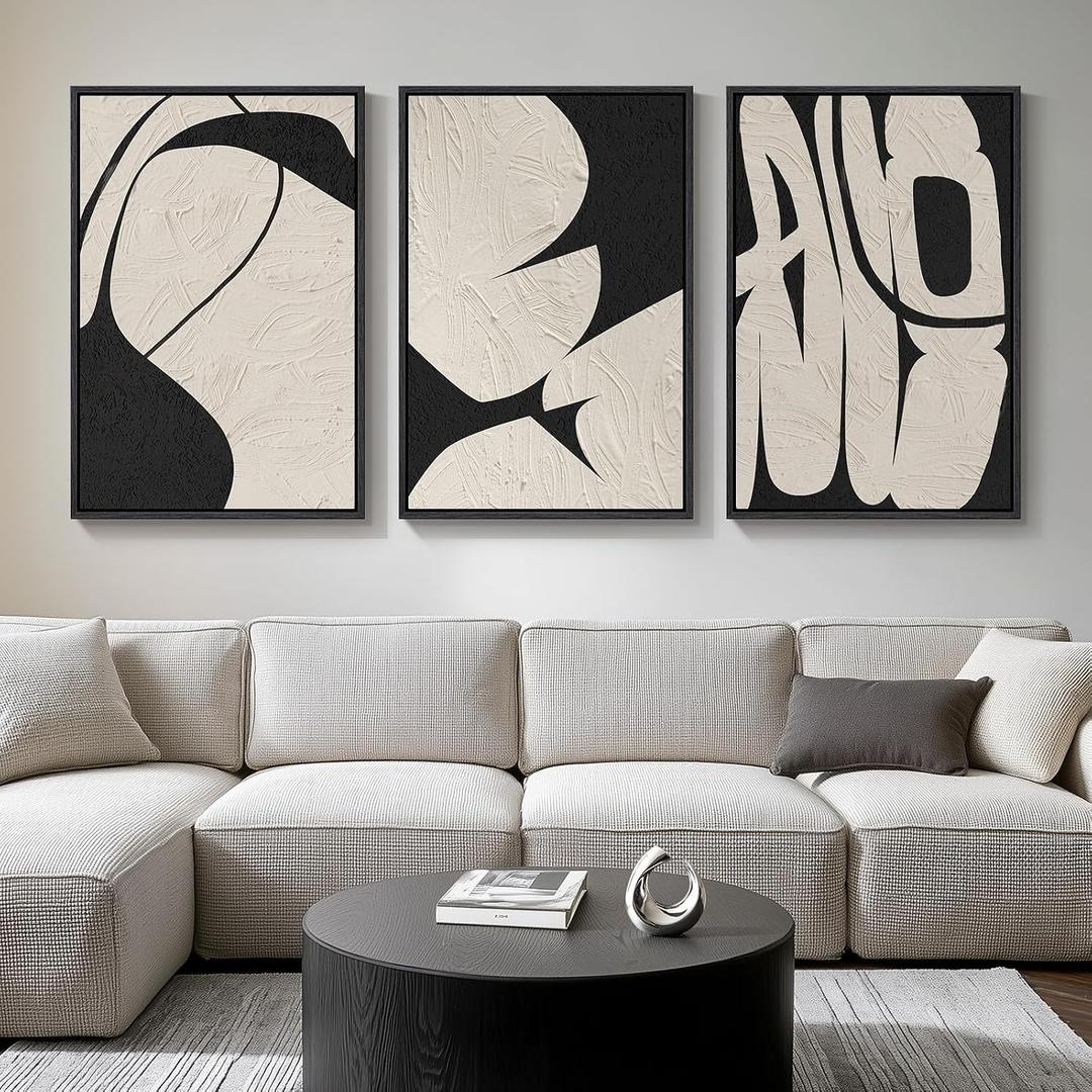 Large Framed Neutral Abstract Wall Art for Living Room, 3 Piece Black and Beige Modern Canvas Prints Paintings Artwork for Walls, Minimalist Abstract Pictures for Hallway, Office Wall Decor 24x36 In, 24" W X 36" H X 3pcs