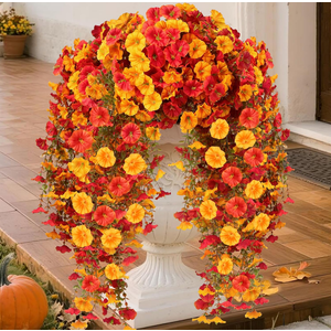 Artificial Fall Hanging Flowers for Outdoors, 2Pcs Faux Silk Fake Morning Glory Mums for Autumn, UV Resistant Realistic Plants for Home Garden Porch Patio Balcony Planter Yard (2Pcs Fall 2 Colors)