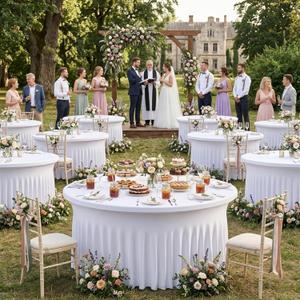 6 Pack White Round Spandex Tablecloths for 60in Tables, Wrinkle Free Stretchy 120inch Fitted 5FT Round Table Cloths Cover with Skirt for Wedding Party Dining Banquet Events