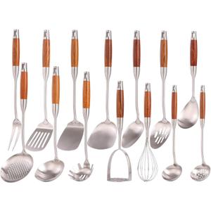 18/10 Stainless Steel Kitchen Utensils Set with Wooden Handle - 14 PCS Metal Cooking Tools & Serving Utensil, Large and Small Spoons Set - Whisk, Masher, Fork, Spatula, Turner, Ladle, Skimmer, Pasta