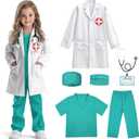 Doctor Costume for Kids Scrubs Real Stethoscope Lab Coat Halloween Costumes Career Day Costume For Boys Girls 7PCS (150/9-10Y, Green)