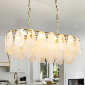 8-Light Gold Oval Crystal Chandelier, 31.5" Kitchen Island Lighting Fixture, Adjustable Hanging Pendant Light for Hallway Foyer Breakfast Bar Living Room Dining Room, E12 Bulb Included, UL