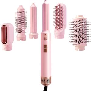 6 in 1 Blow Dryer Brush Set, Hot Air Brush & Air Styler, Auto Curling Wrap Hair Styler for Curling, Volumizing, Straightening and Styling (Pink)