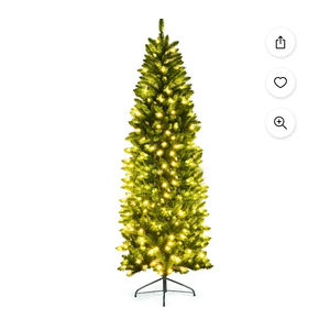 7Ft Pre-lit Artificial Pencil Christmas Tree Hinged Fir PVC Tree with 350 LED Lights