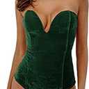 Women Sexy Velvet Strapless Bodysuit Jumpsuit Sweetheart Deep V Neck Cross Back Vintage Bodycon Leotard Bustier Top M