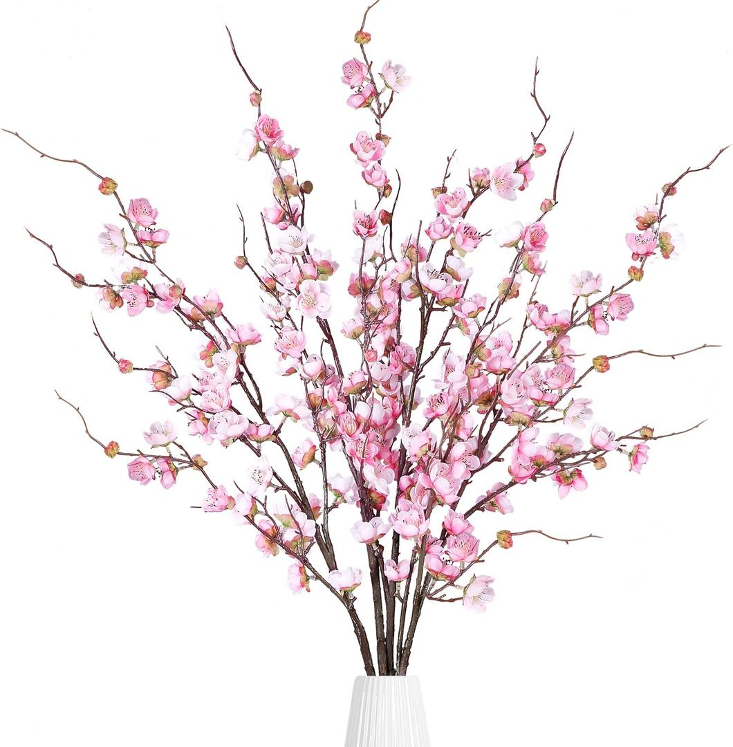 Sggvecsy Artificial Plum Blossom Flowers 4 Pcs Faux Cherry Blossom Stems Faux Silk Plum Blossom Branches 36.2 Fake Flowers Long Stems for Vase Arrangements Home Wedding Table Decor (Pink)
