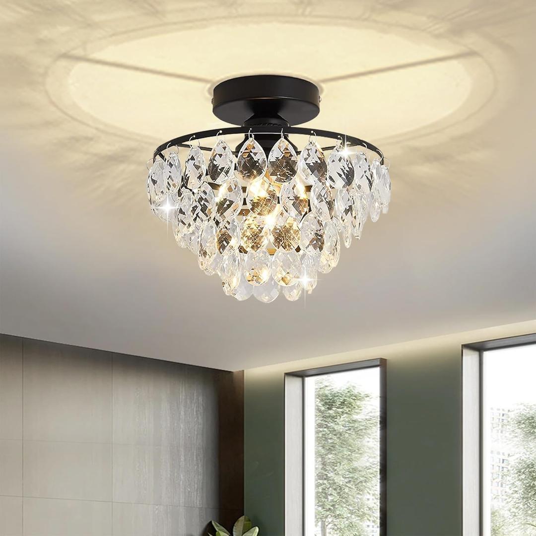 Close to Ceiling Light Fixtures Mini Crystal Flush Mount Ceiling Light Chandelier Modern Indoor with E26 Base Hallway Bedroom Bathroom Entryway Kitchen (Black) (3-layer)