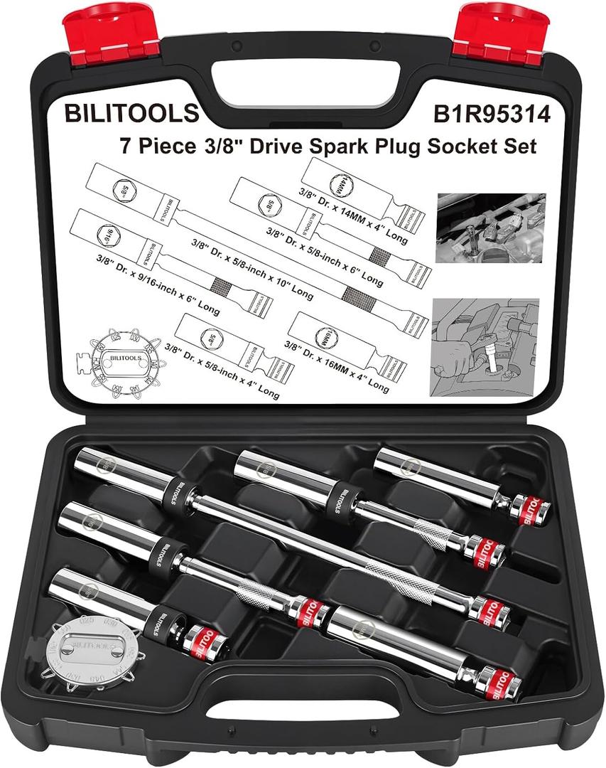 BILITOOLS 7 Piece Magnetic Swivel Spark Plug Socket Set with Gap Tool, 3/8-Inch Drive, 9/16'', 5/8'', 14mm, 16mm, 6 & 12 Point, CR-V