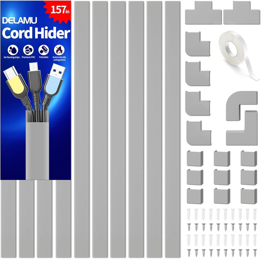 Cord Hider, 157in Delamu Wire Covers for Cords Cable Management, TV Cable Hider Wall Kit, Cable Raceway Cover Wire Hider Management, Cord Hider Wall Mounted TV, 10XL15.7 W0.95 H0.55in Grey