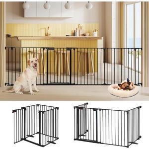 Freestanding Dog Gates with Door Walk Through, Extra Wide Doggy Door 100" W x 29" H Pet Gate Safty 4 Panels Dog Fence for Stairs, Doorways (Black)
