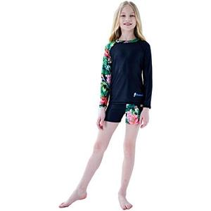 Ovovod Girls Swimsuit Two Piece Rash Guard Set UPF 50+ UV Protective Long Sleeve Swimwear, Size: 9-10 Years