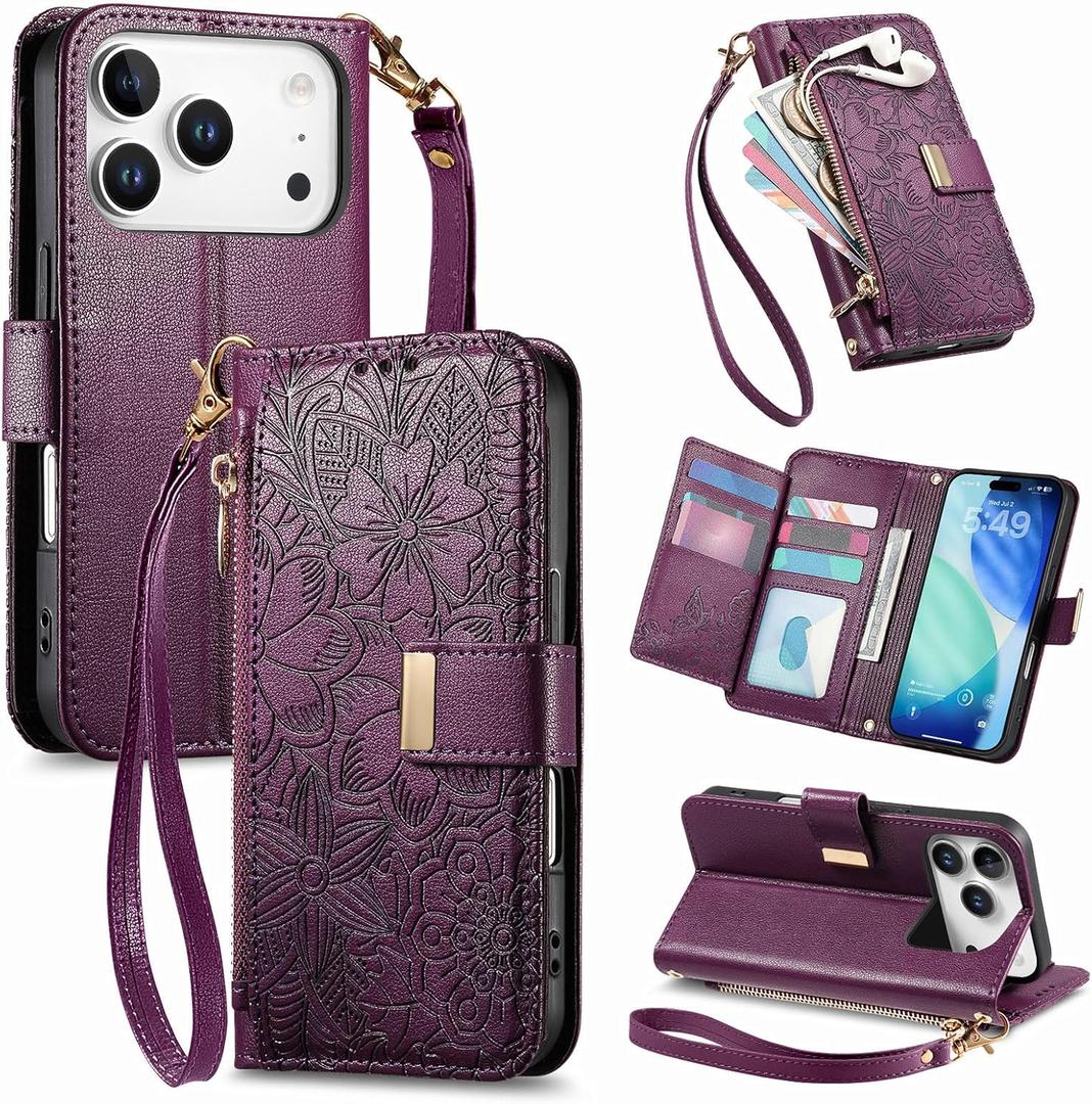 Cases for iPhone 17 Pro Wallet Case Flower for Women with Card Holder Retro Embossed Leaf PU Leather Zipper Flip Cover with Detachable Strap for Apple iPhone 17 Pro 6.3" Purple