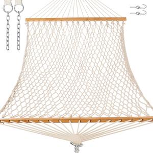 GAFETE 12ft Double Hammocks for Outside, Handwoven Traditional Cotton Rope 2 Person Hammock with Hardwood Spreader Bar, Chains & Hooks for Indoor Outdoor, Max 450 lbs Capacity (Natural Beige, Medium)