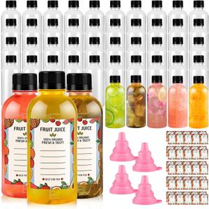 48pcs 8oz Plastic Juice Shot Bottles with Caps, Clear Ginger Shots Bottles with Lids, Reusable Plastic Bottle for Liquids, Leak Proof Containers for Juice, Milk and Ginger (48pcs, 8OZ) (50pcs)