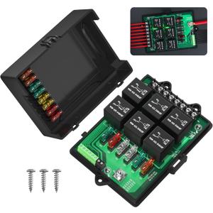 Joinfworld Relay Box Fuse Relay Box 12V Automotive Universal Fuse Panel with 6 Way Relays and 14 x ATC/ATO Blade Fuses 12 Volt Fuse Box Waterproof with Led Light and Relay Module