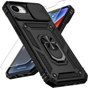 Weycolor for iPhone 16e Case with Camera Lens Cover, HD Screen Protector, 10 FT Military Grade Drop Protection, Magnetic Ring Holder Kickstand Protective Phone Case, Black