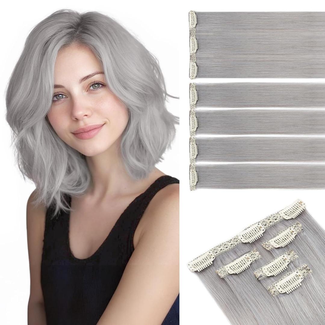Short Clip in Hair Extensions Real Remy Human Hair,S-noilite Short Hair Extensions Clip ins,Mini Clip in Extensions for Add Volume and Highlights,5 Pieces 38g 12 inch Light Gray