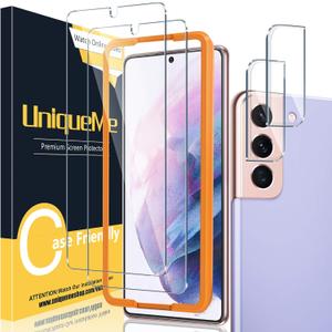 UniqueMe for Samsung Galaxy S21 Plus Screen Protector, 9H Hardness Fingerprint Unlock Samsung S21+ Tempered Glass + Camera Lens Protector with Easy installation Frame - 6.7 inch [ 2+2 Pack ] (Transparent)