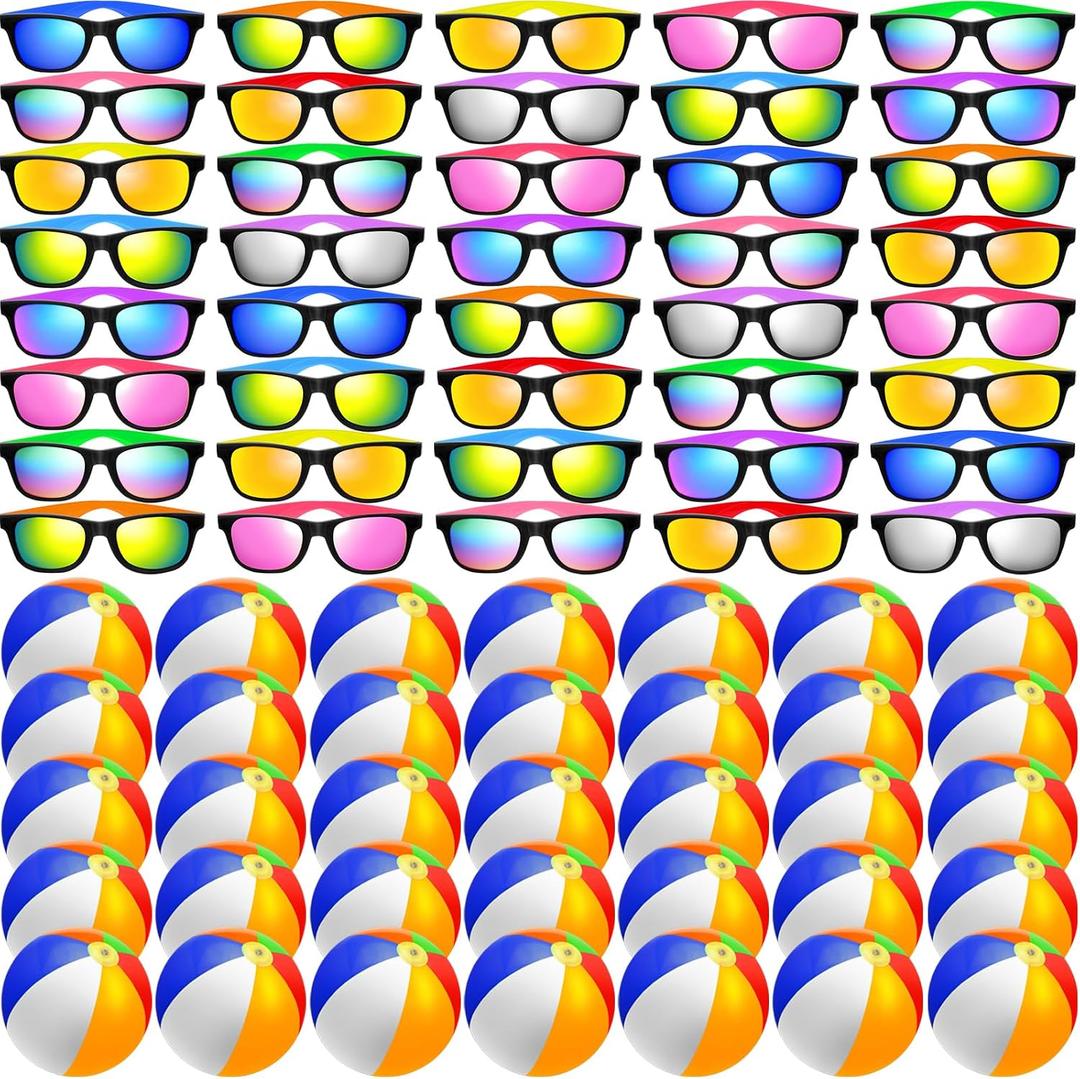 Oleitodh 60Pcs Sunglasses Beach Balls Bulk Party Favors Kids 30Pcs Neon Sunglasses 30Pcs 12" Beach Balls Boys Girls Graduation Party for Summer Beach Pool Party Favors Goodie Bag Supplies Age 3-8