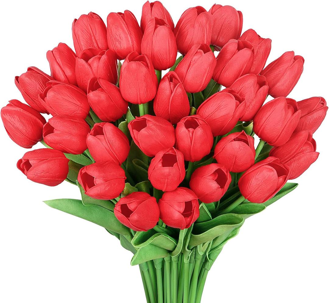 Bassion 30 Pcs Red Fake Tulips Artificial Flowers for Decoration, Real Touch PU Faux Tulips Flowers Arrangement Artificial Plants Indoor for Home Decor Wedding Mother's Day Spring Easter Decorations