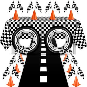24 Pcs Race Car Theme Birthday Party Supplies, 8 Pcs Traffic Cones, 12 Black and White Checkered Flags, 2 27.5" Inflatable Tire Tubes, Black Floor Runner, Checkered Tablecloth(Classic Style)