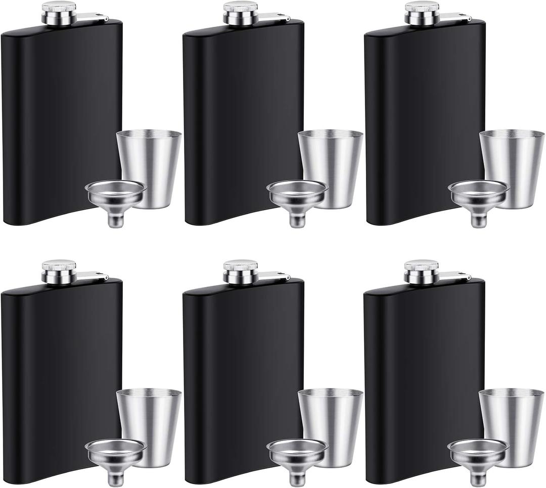 Elcoho 6 Sets 8 Ounce Stainless Steel Hip Flask Fluid-tight Flask Set with 6 Pieces Stainless Steel Shot Cups and Funnel (Black)